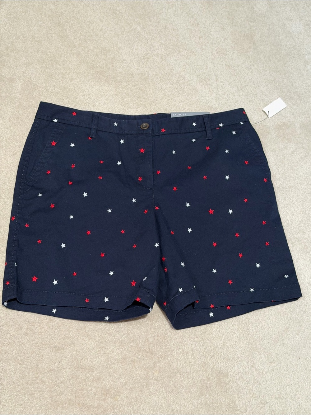 Talbots Navy Flat-Front Shorts with Red & White Star Embroidery